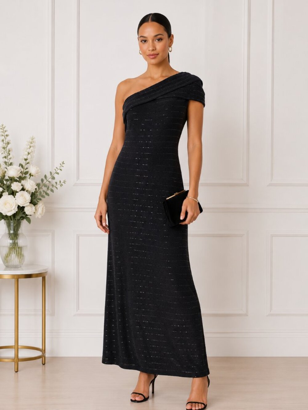St. John Couture Caviar Beaded Off Shoulder Column Gown Size 8